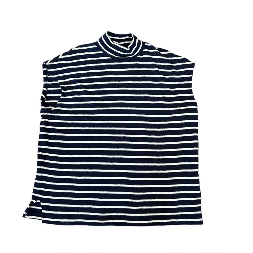 Madewell blue & white stripe sleeveless top mock neck split ham size S oversized